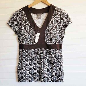 Ann Taylor Top Womens Size Small Petite Brown and White Print Career Stretch